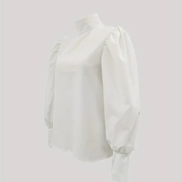 High Neck Lantern Long Sleeve Vintage Solid Versatile Blouse - Picture 4 of 5